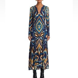 Farm Rio size medium new Ikat print long sleeve pineapple blue zipper satin